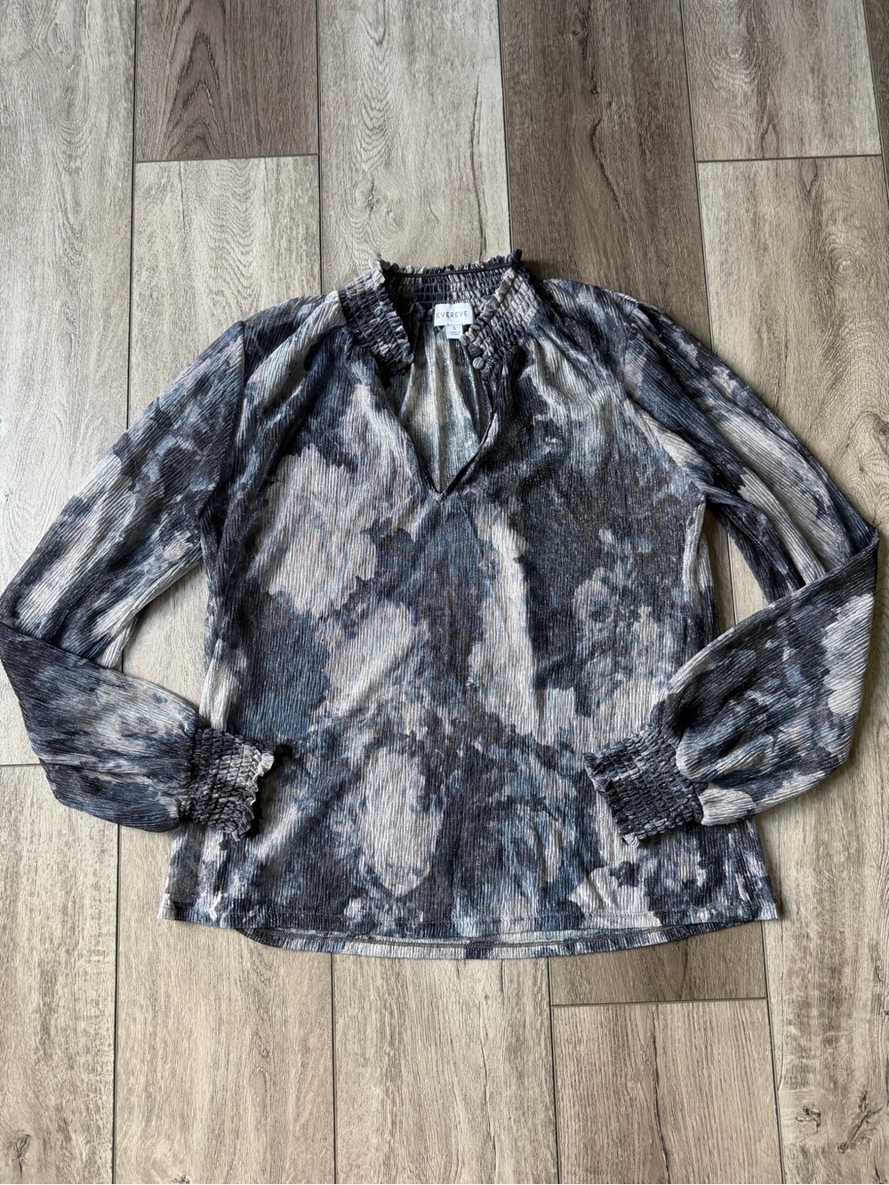 Evereve Black and Gray Metallic Smocked Neck Sheer Long-Sleeve Top